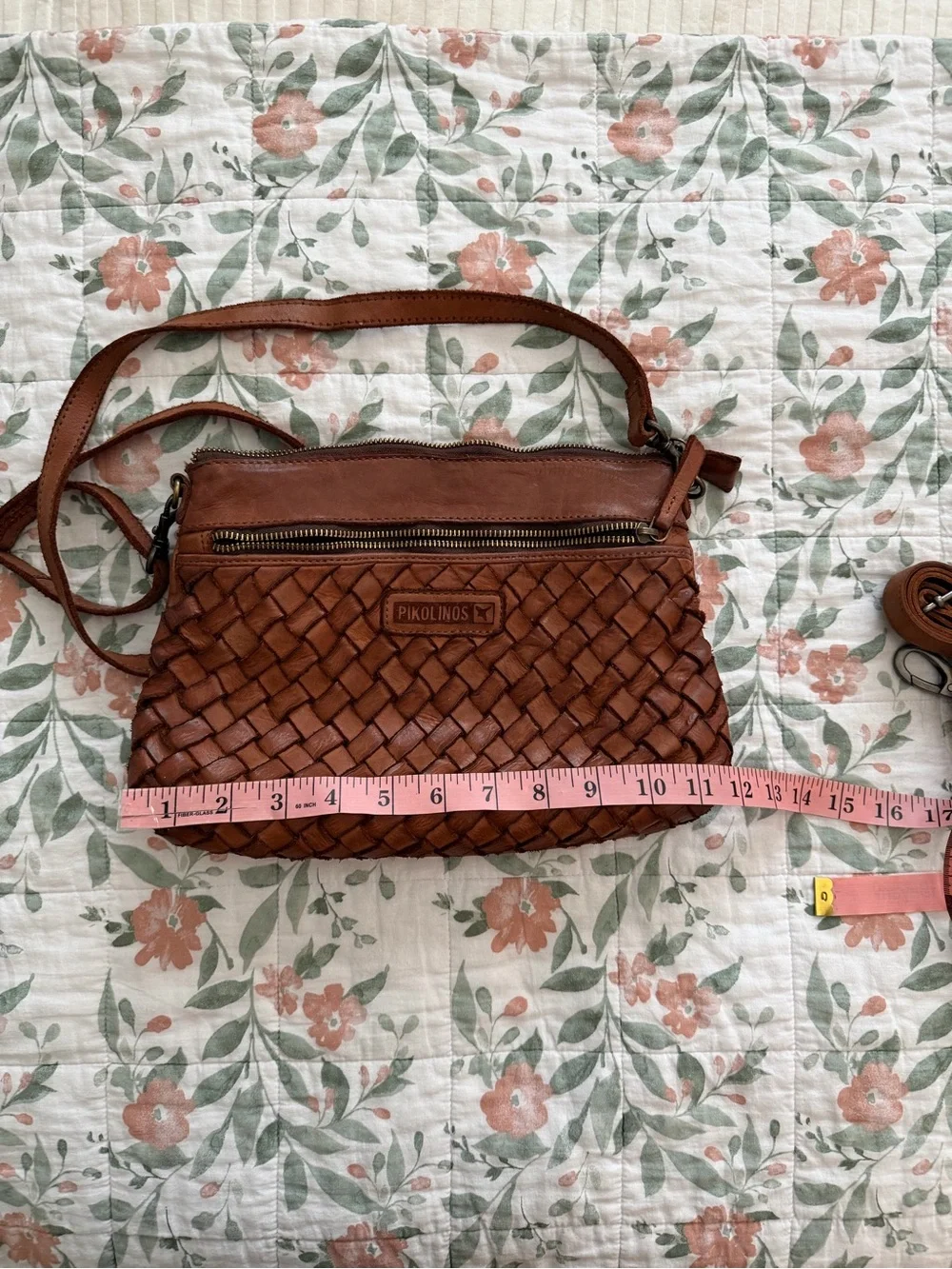 PIKOLINOS Woven Leather Crossbody Bag in Cognac Brown